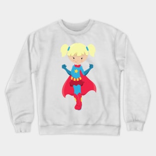 Superhero Girl, Cute Girl, Blonde Hair, Red Cape Crewneck Sweatshirt